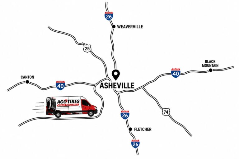 Map of ACO Tires service area around Asheville, Black Mountain, Weaverville, Fletcher and Canton